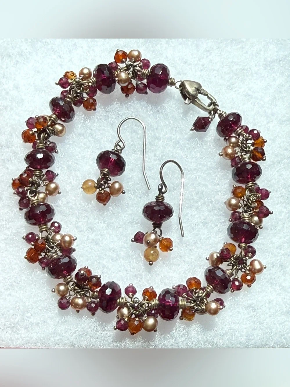 Garnet and Pearl Cluster Bracelet with Matching Earrings - Deep Red